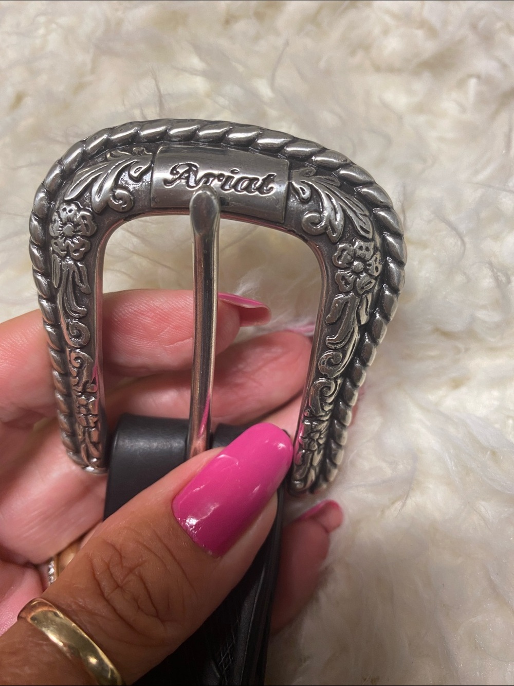 Ariat Black Genuine Leather Western/Biker Belt with Ornate Silver Buckle - Picture 2 of 11